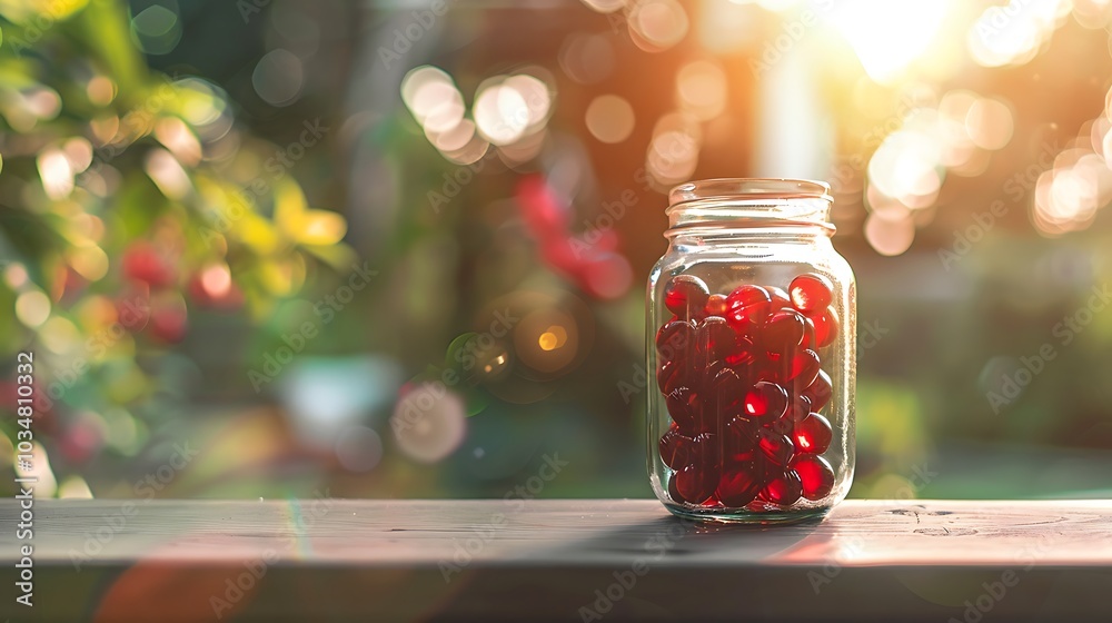 A blurry background with a jar full of red pills representing good health and wellness A blurry background with a jar full of red pills representing good health and wellness