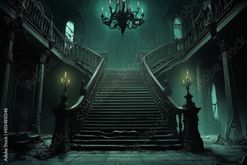 Digital illustration grand staircase dark eerie room made of the interior photo