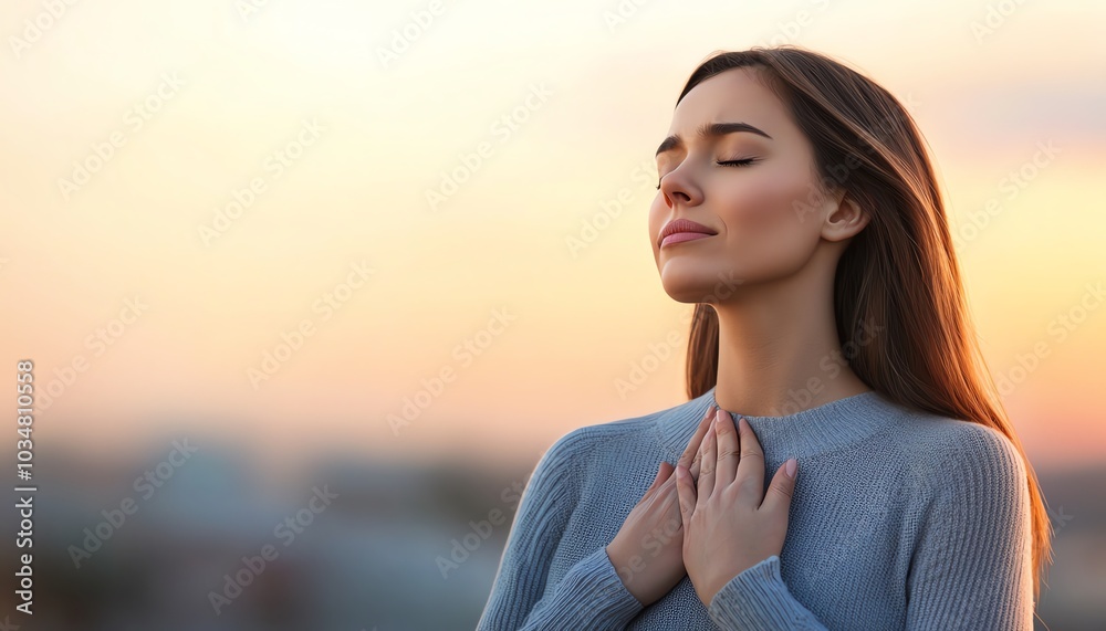 A serene woman standing outdoors with a sunset background, eyes closed, hands over heart, reflecting peaceful emotions. A serene woman standing outdoors with a sunset background, eyes closed, hands over heart, reflecting peaceful emotions.