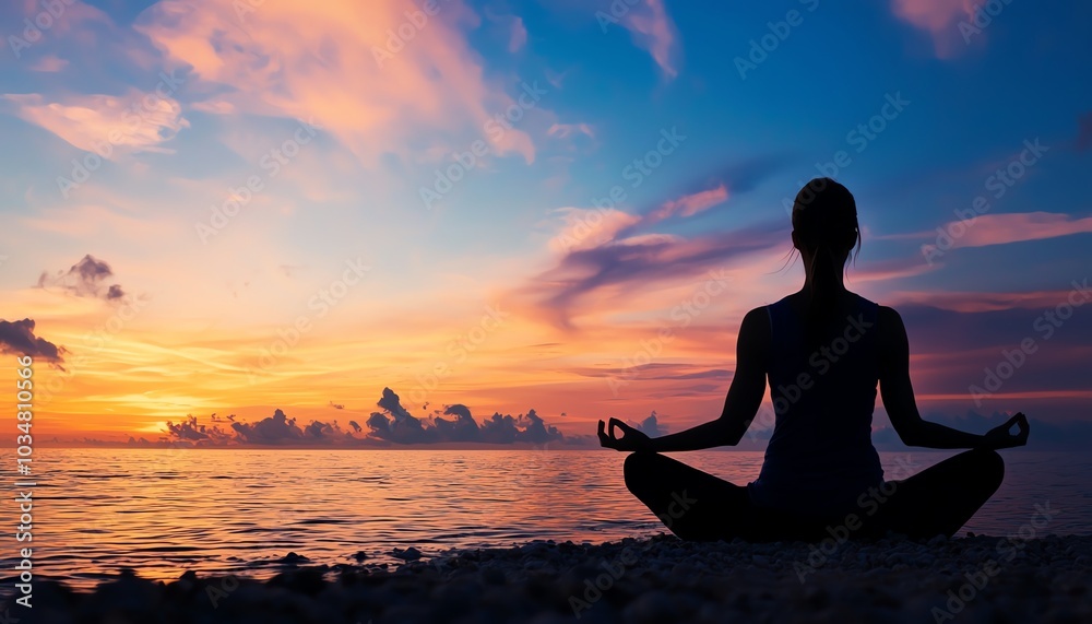 A silhouette of a person meditating by the tranquil ocean during a colorful sunset, promoting peace and mindfulness. A silhouette of a person meditating by the tranquil ocean during a colorful sunset, promoting peace and mindfulness.