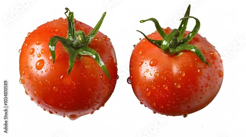 Two fresh red tomatoes on a white background, macro stock photography, super clean and simple design with lots of negative space around the subject
