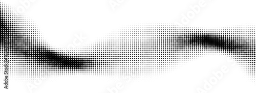 Comic halftone wave background. Dotted curved flow wallpaper. Abstract fluid backdrop texture. Black grit pop art swoosh element for poster, banner, overlay, card, brochure, flyer, leaflet. Vector