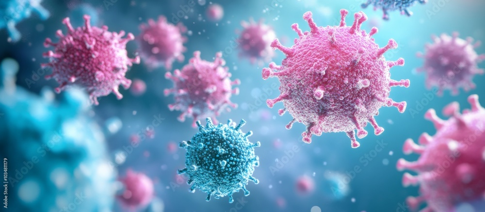 Group pink blue viruses background appear to be Cancer cells observed under Group pink blue viruses background appear to be Cancer cells observed under
