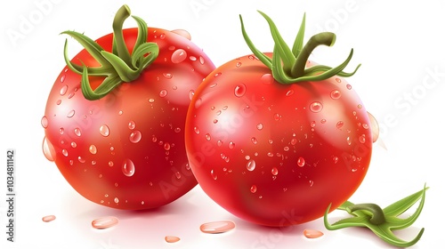 Two fresh red tomatoes on a white background, macro stock photography, super clean and simple design with lots of negative space around the subject