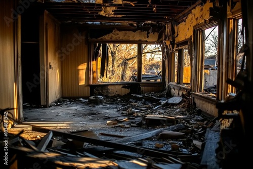 Interior abandoned building that has been completely destroyed Fire damage