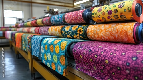sublimation printers printing colorful fabrics in workshop showcasing vibrant textile designs and advanced printing technology.image