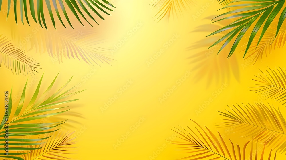 A yellow background with palm leaves and shadow patterns, suitable for a warm summer atmosphere. The design features a gradient of light to dark shades of yellow A yellow background with palm leaves and shadow patterns, suitable for a warm summer atmosphere. The design features a gradient of light to dark shades of yellow