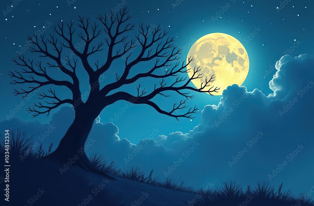 The silhouette of a spooky bare branch halloween tree against a winter blue night sky with a glowing full moon and clouds The silhouette of a spooky bare branch halloween tree against a winter blue night sky with a glowing full moon and clouds