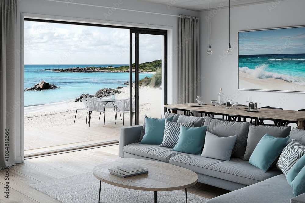 Fototapeta premium Modern living room large window that offers beautiful Dining