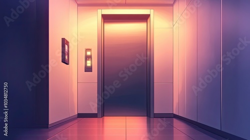 An elevator door in a dimly lit hallway with pink and purple hues