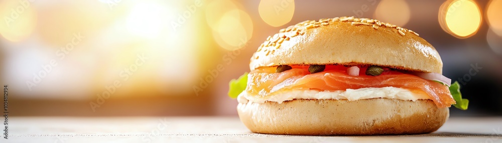 Delicious burger with fresh ingredients on a wooden table, perfect for a sunny day or a cozy meal.