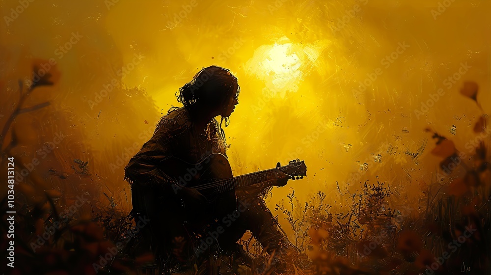 Silhouette of a Musician Playing Guitar at Sunset Silhouette of a Musician Playing Guitar at Sunset