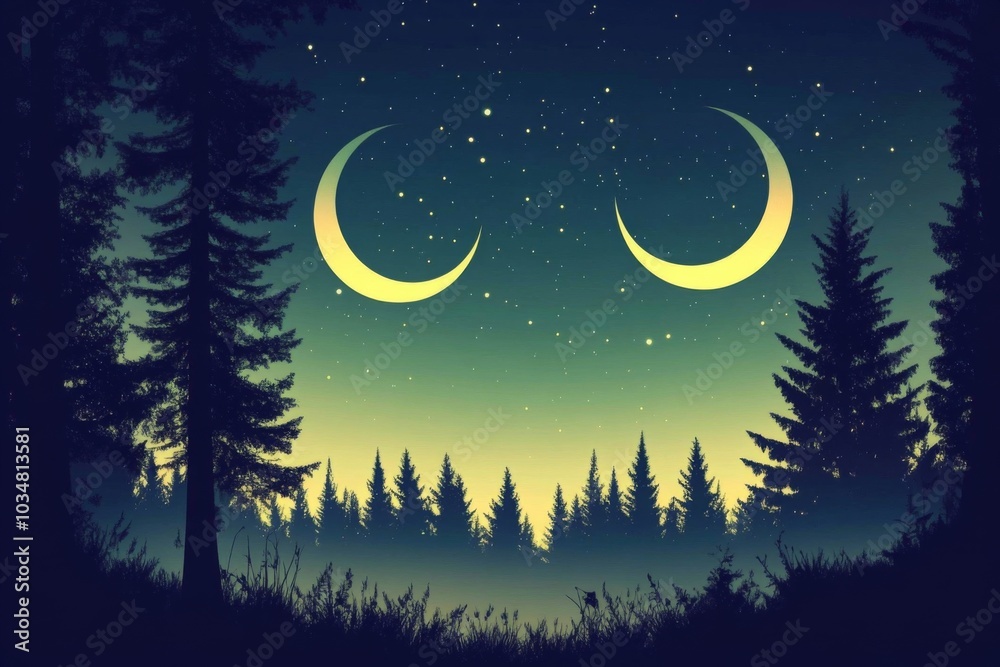 Night scene two crescents sky filled stars deep fairy forest silhouette