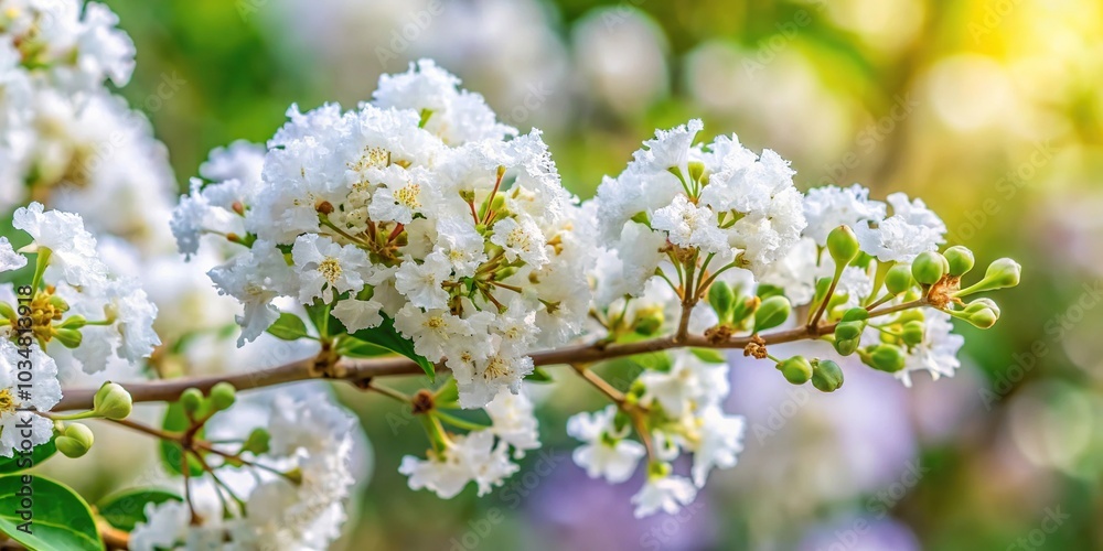 Depth of field image showcasing the white flowers of Lagerstroemia indica, also known as the crape myrtle or crepe myrtle Depth of field image showcasing the white flowers of Lagerstroemia indica, also known as the crape myrtle or crepe myrtle