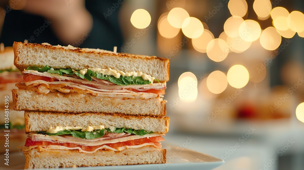 Delicious sandwich stacked with fresh ingredients, showcasing layers of meat, lettuce, and mayonnaise in a bright atmosphere. Delicious sandwich stacked with fresh ingredients, showcasing layers of meat, lettuce, and mayonnaise in a bright atmosphere.