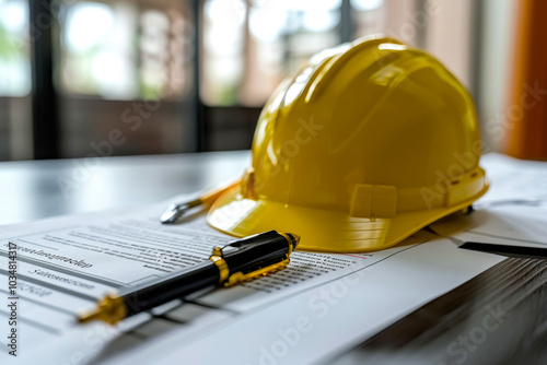 yellow safety helmet on the desk. Concept Construction Industry Partnership