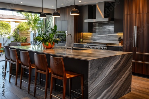 This modern kitchen large island center has marble New luxury home boasts