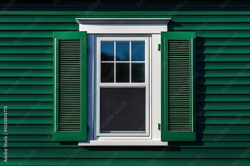 Window side green house has white frame trim a double hung Window side green house has white frame trim a double hung