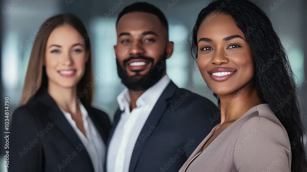 Diverse professionals smiling confidently in a modern office environment showcasing teamwork and collaboration. Diverse professionals smiling confidently in a modern office environment showcasing teamwork and collaboration.