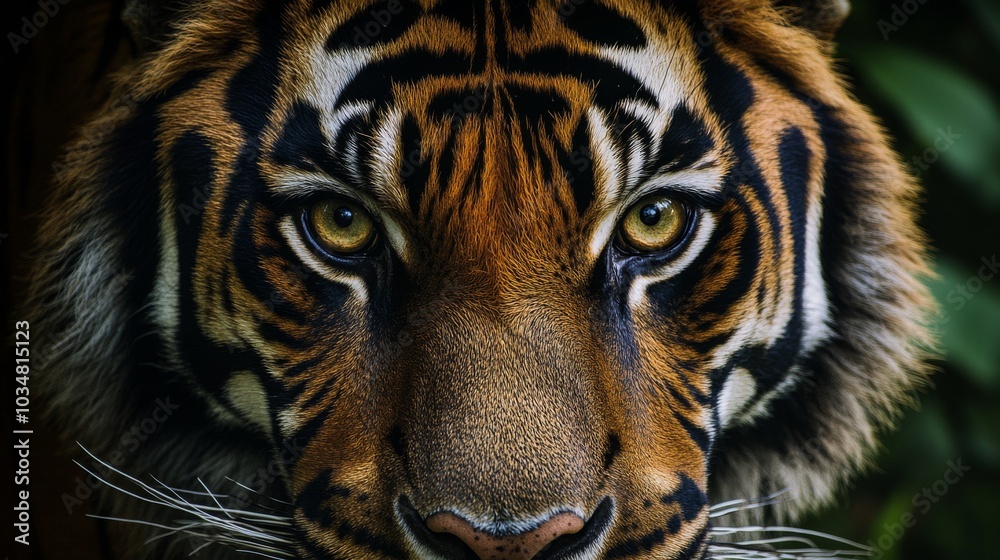 2410 5.A close-up of a Sumatran tiger’s face, highlighting the fine details of its facial markings and the intensity of its focused gaze. The light dapples through the surrounding forest, softly 2410 5.A close-up of a Sumatran tiger’s face, highlighting the fine details of its facial markings and the intensity of its focused gaze. The light dapples through the surrounding forest, softly