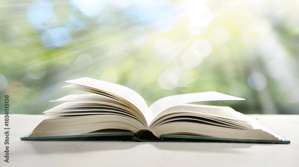 A book is open on the table, with a white, blurred background and soft light. The pages of the book show colorful text in a high-definition photography style. A book is open on the table, with a white, blurred background and soft light. The pages of the book show colorful text in a high-definition photography style.