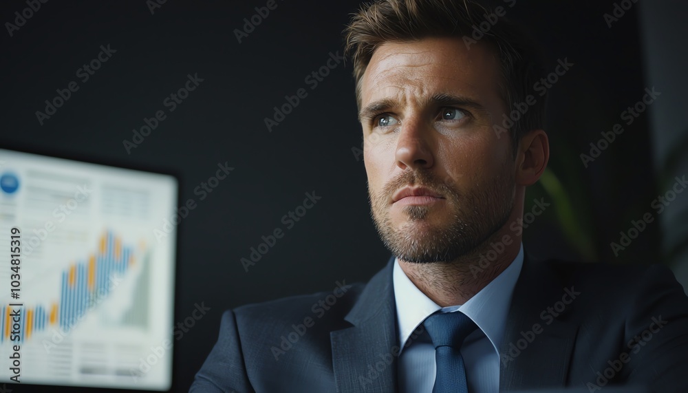 Focused businessman analyzing data on a screen, deep in thought, office environment, professional attire. Focused businessman analyzing data on a screen, deep in thought, office environment, professional attire.