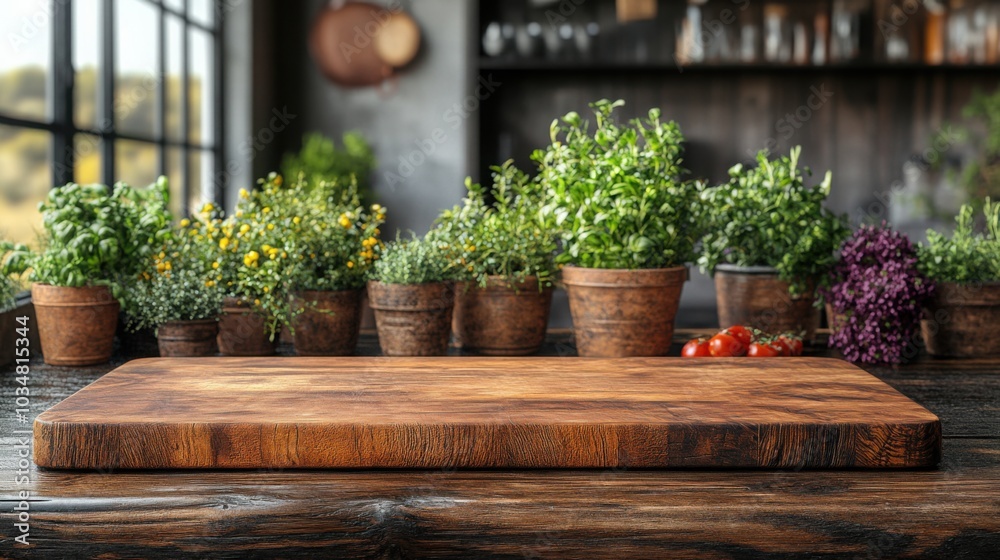 Cutting Board and Podium Arrangement on a Wooden Table for Culinary Inspiration and Presentation. Cutting Board and Podium Arrangement on a Wooden Table for Culinary Inspiration and Presentation.