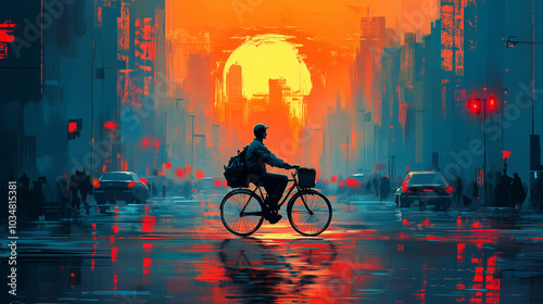 Wallpaper Mural Urban Cyclist at Sunset in Vibrant City Scene. Torontodigital.ca