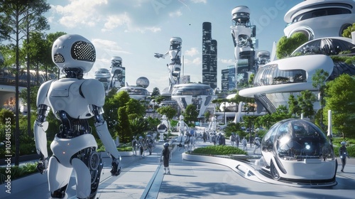 Smart City of the Future : A city powered by AI, with robots managing traffic, infrastructure, and health services