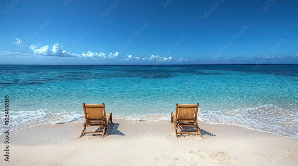 two chairs on sandy beach facing the calm se under clear sky symbolizing peaceful seaside relaxation two chairs on sandy beach facing the calm se under clear sky symbolizing peaceful seaside relaxation