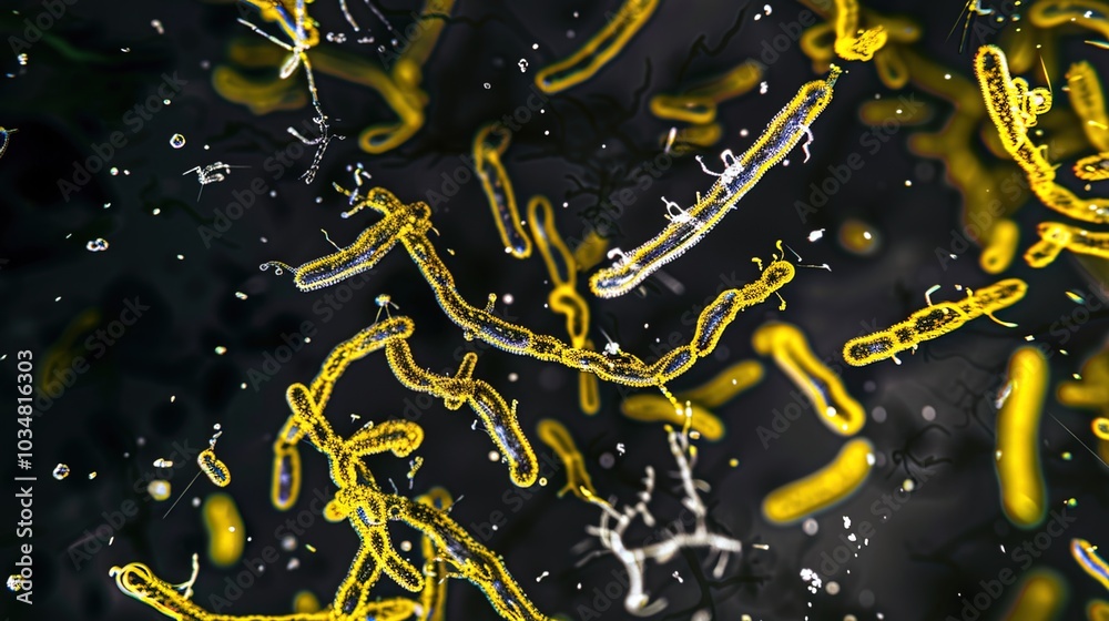Naklejka premium Ancient microbes under microscope reveal intricate cellular structures, showcasing their mysterious and ancient nature, ideal for scientific and educational content.