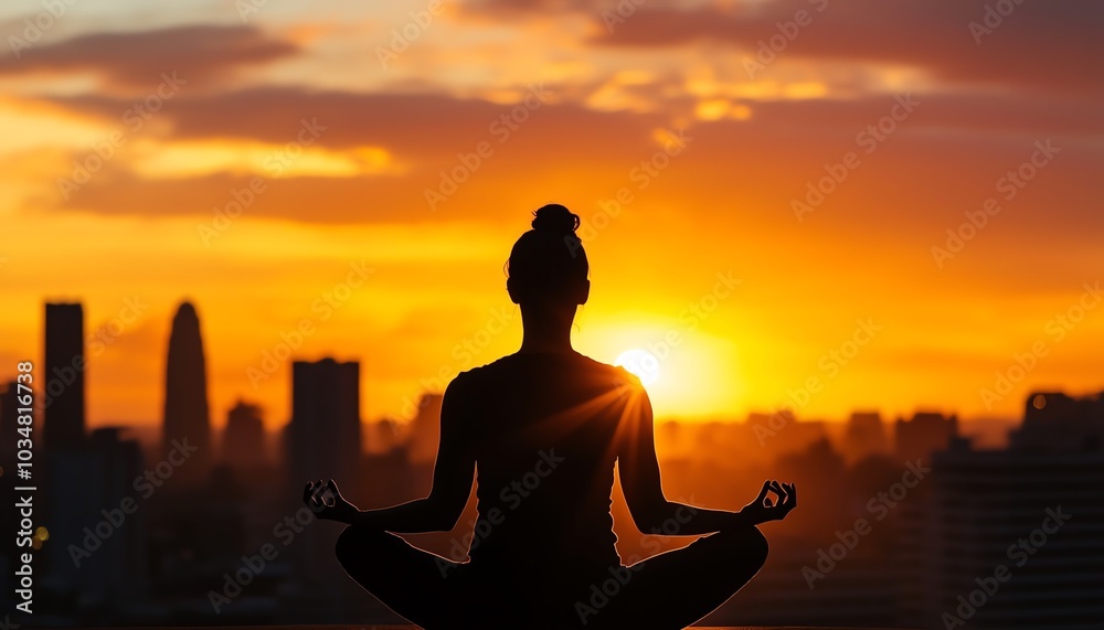 Silhouette of a person meditating against a stunning sunset backdrop in an urban setting. Silhouette of a person meditating against a stunning sunset backdrop in an urban setting.