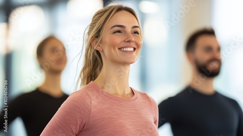 Smiling woman in a fitness class, showcasing joy and wellness in an energetic environment. Free Download Smiling woman in a fitness class, showcasing joy and wellness in an energetic environment. - GFXLoad