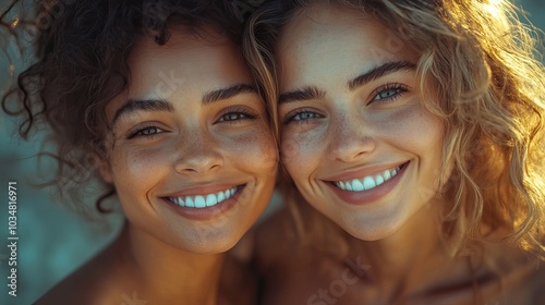 two women smiling and embracing representing love and happiness in lesbian relationship.image