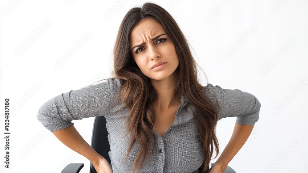 2410 40.A woman in an ergonomic office chair holding her lower back with one hand, her face clearly showing pain from prolonged sitting. The clean white background accentuates the focus on her 2410 40.A woman in an ergonomic office chair holding her lower back with one hand, her face clearly showing pain from prolonged sitting. The clean white background accentuates the focus on her