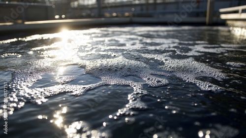 2410 49.A close-up of an aeration tank at a wastewater treatment facility, with bubbles vigorously forming on the surface of the water as air is pumped in. The scene is bathed in sunlight, creating a