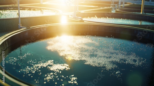 2410 48.A vibrant image of the aeration process in a wastewater treatment facility, with bubbling water filling large circular tanks. The bright sunlight reflects off the surface of the bubbling photo