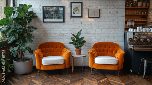 cozy coffee shop with white brick wall, orange velvet chairs