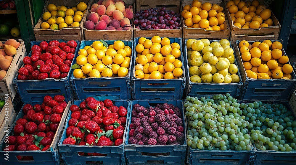 various fresh fruits in crates showcasing the diversity and perishability of produce.illustration various fresh fruits in crates showcasing the diversity and perishability of produce.illustration