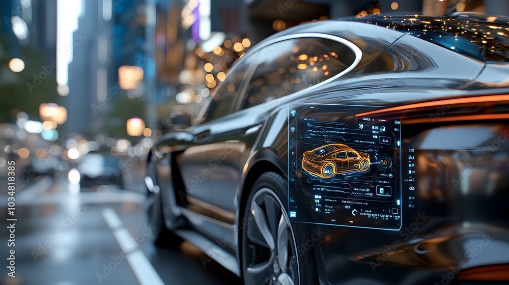 Sleek and advanced electric vehicle equipped with a glowing futuristic GPS navigation interface surrounded by a modern high tech cityscape in a 3D digital concept Sleek and advanced electric vehicle equipped with a glowing futuristic GPS navigation interface surrounded by a modern high tech cityscape in a 3D digital concept