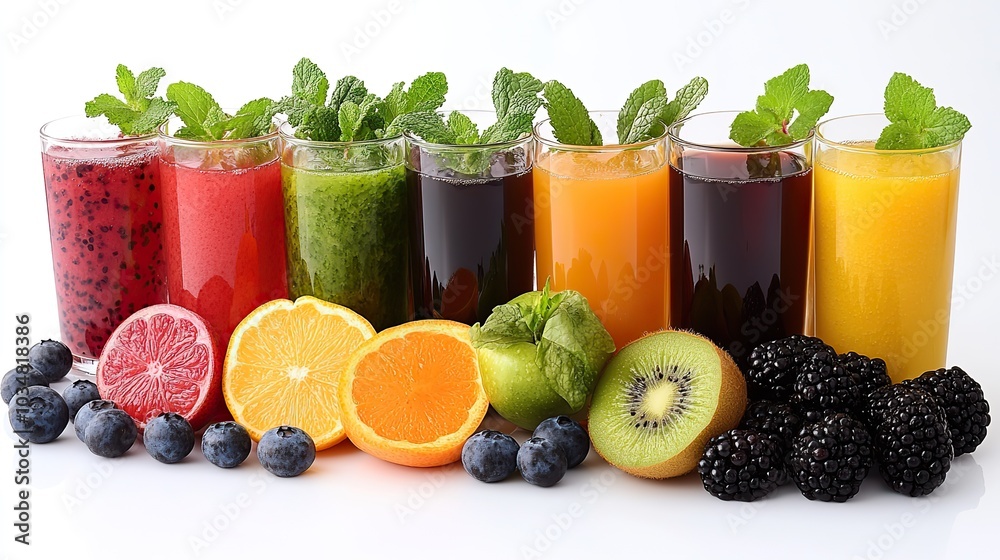 various fruits vegetables and juices arranged neatly representing food sensitivity test for digestion problems
