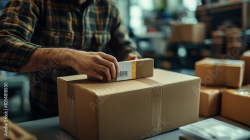 2410 65.A focused close-up of an entrepreneur packing a delivery box, carefully wrapping the products and attaching the shipping label on the side of the box. The scene is set on a clean desk with