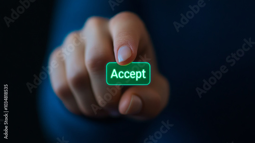 close up of finger hovering over glowing touchscreen button labeled Accept, symbolizing digital interaction and decision making. image conveys sense of engagement and modern technology