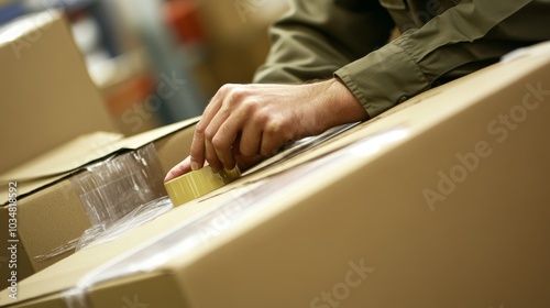 2410 66.A young business owner using packing tape to seal a cardboard box, preparing it for shipping. The image captures the final stages of packaging, with tape being applied across the top of the