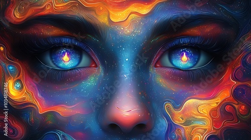 Close-up of a woman's eyes with abstract, vibrant colors and a glowing flame inside the pupils.