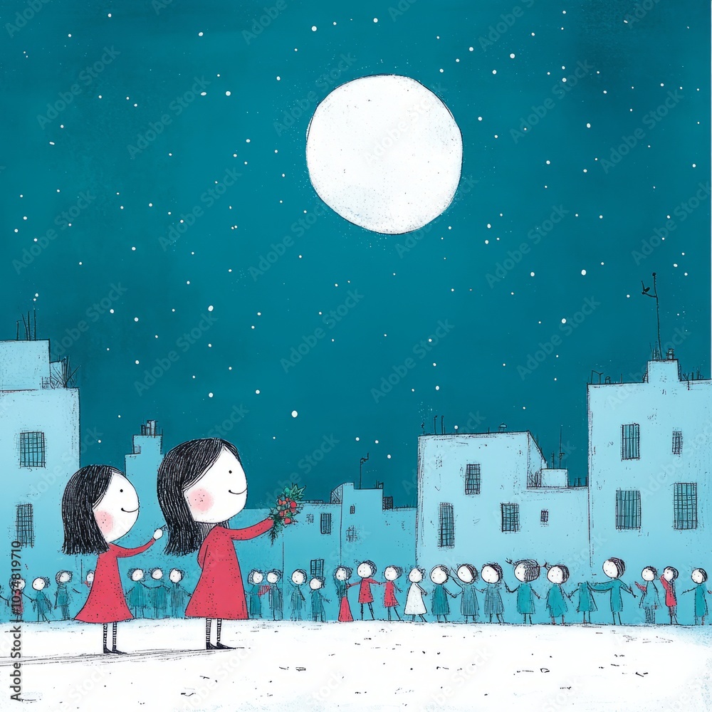 Two girls in red dresses hold a flower under a full moon, surrounded by people. Two girls in red dresses hold a flower under a full moon, surrounded by people.
