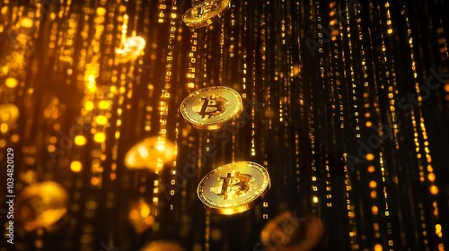 Golden Bitcoin coins falling against a dark background with gold sparkles.