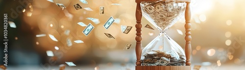 Time is Money: Hourglass Overflowing with Cash Signifying Overbought Time Concept photo