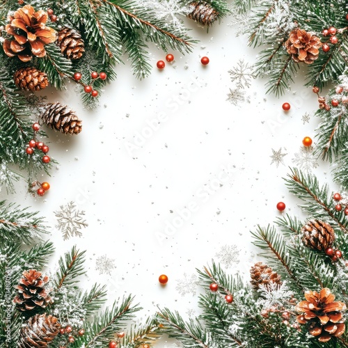 A beautiful winter arrangement of pine branches, cones, and festive decorations, perfect for Christmas-themed projects.