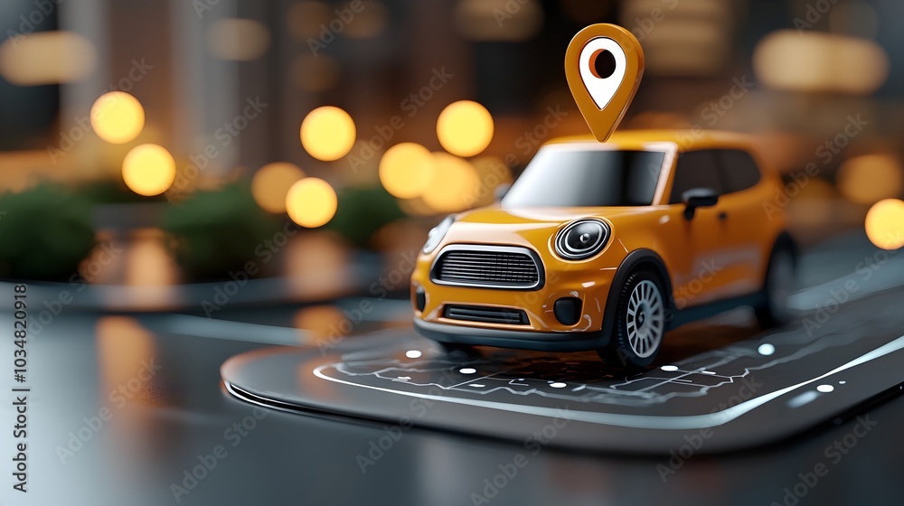 Minimalist 3D car model with GPS coordinates and map icons hovering over a modern city backdrop featuring soft lighting and a clean futuristic design Minimalist 3D car model with GPS coordinates and map icons hovering over a modern city backdrop featuring soft lighting and a clean futuristic design